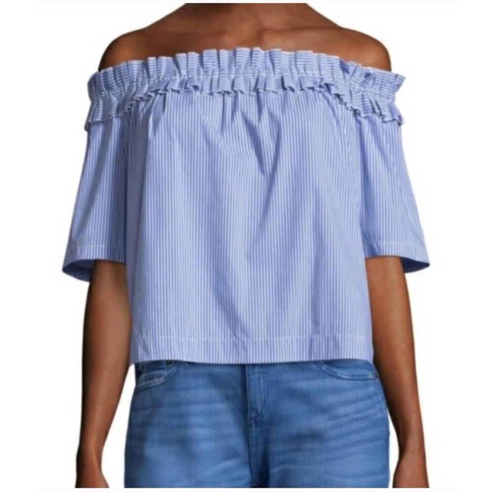 Vineyard Vines Off Shoulder Top XL Blue White Striped Cropped Cotton Stretch - Picture 3 of 8
